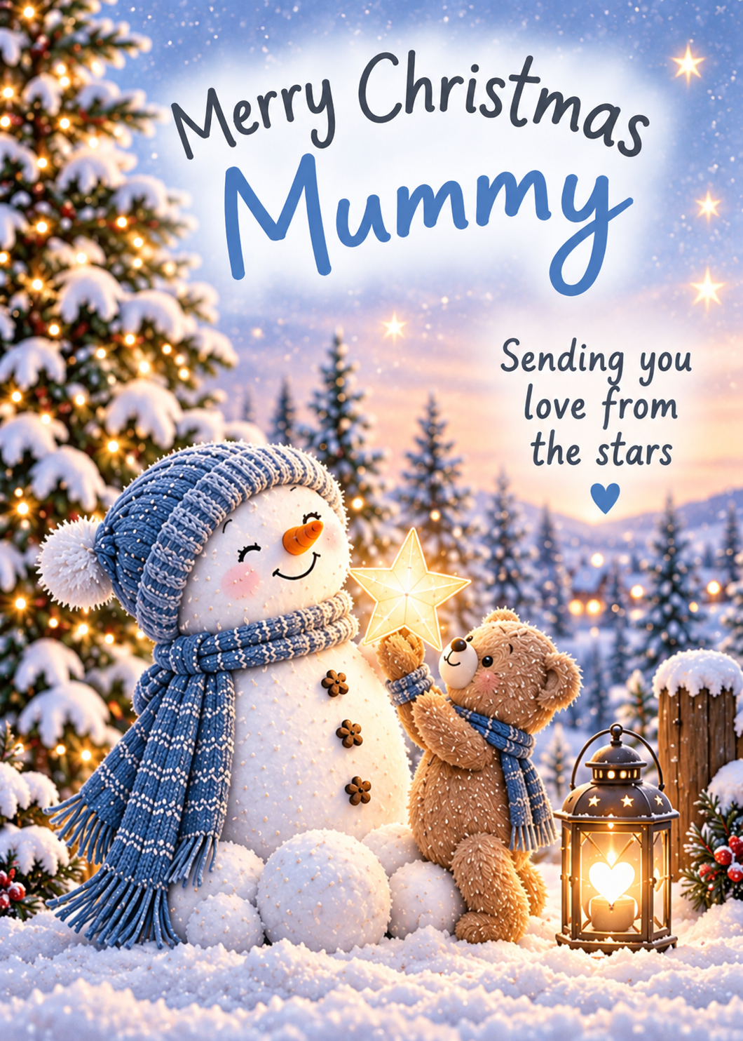 Merry Christmas Mummy Card – Snowman and Teddy from the Stars