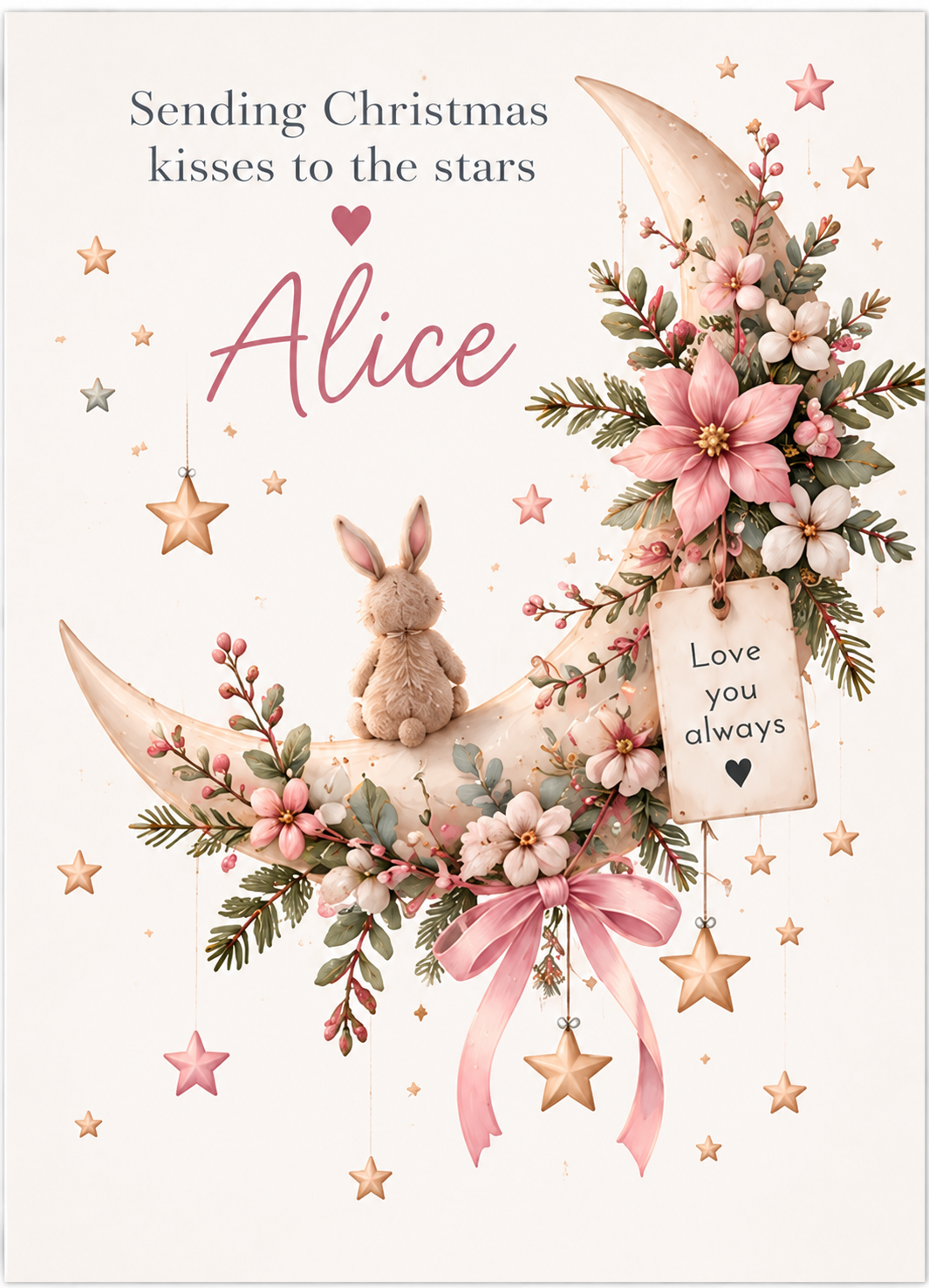 Personalised Christmas Card for Daughter – Bunny on Floral Moon