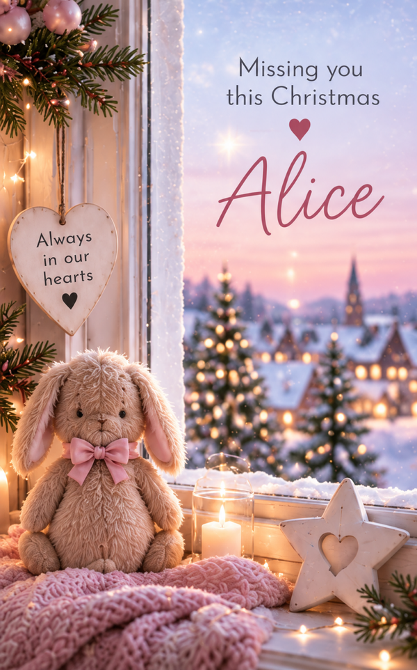 Personalised Missing You Alice Christmas Card – Bunny by Window