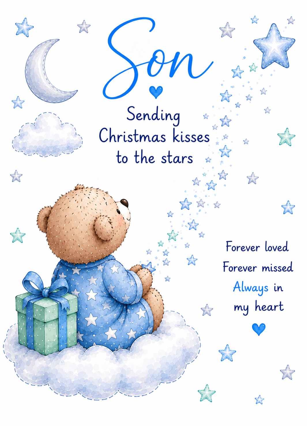 Christmas Card for Son in Heaven – Teddy with Present