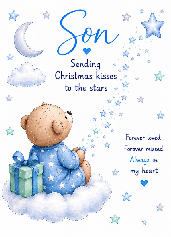 Christmas Card for Son in Heaven – Teddy with Present