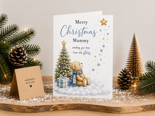 Mummy Christmas Card – Christmas Tree & Presents From the Stars