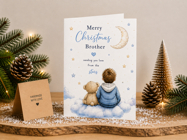 Merry Christmas Brother Card – Boy and Teddy on Blue Clouds