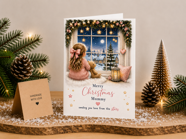Mummy Christmas Card – Teddy Bear by Christmas Window