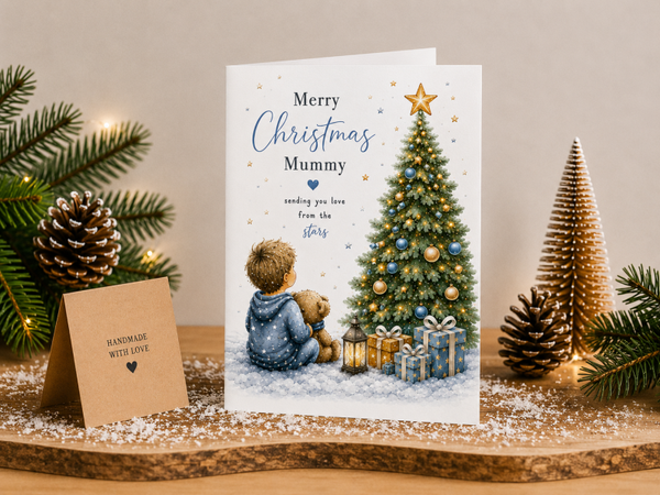 Mummy Christmas Card – Little Boy, Teddy Bear & Christmas Tree