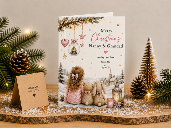 Merry Christmas Nanny & Grandad Card – Girl beneath Decorations