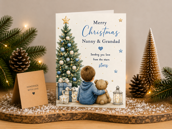 Merry Christmas Nanny & Grandad Card – Boy by Blue Christmas Tree