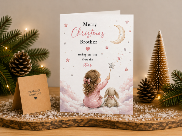 Merry Christmas Brother Card – Girl and Bunny beneath the Moon