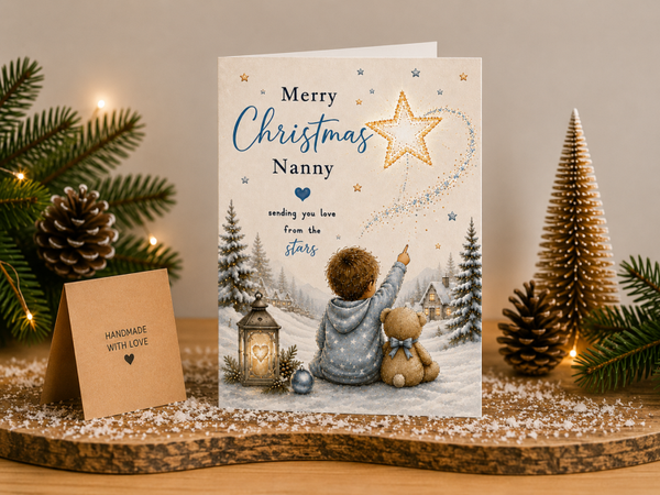Merry Christmas Nanny Card – Boy and Teddy beneath Shooting Star