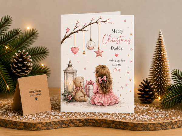 Merry Christmas Daddy Card – Girl beneath Hanging Decorations