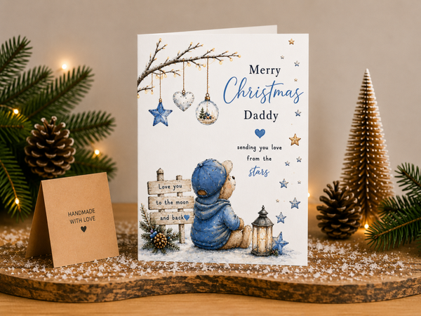 Merry Christmas Daddy Card – Boy and Teddy beneath Decorations