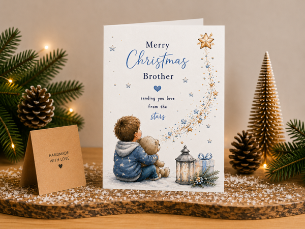 Merry Christmas Brother Card – Boy Hugging Teddy beneath Stars