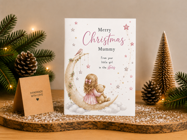 Mummy Christmas Card – Little Girl & Teddy on Crescent Moon