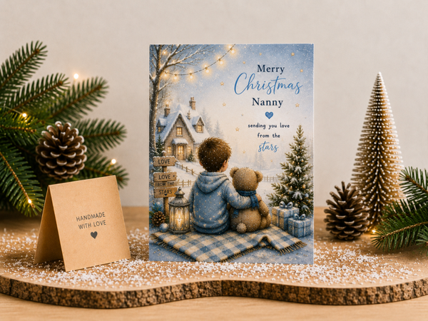 Merry Christmas Nanny Card – Boy and Teddy by Snowy Cottage