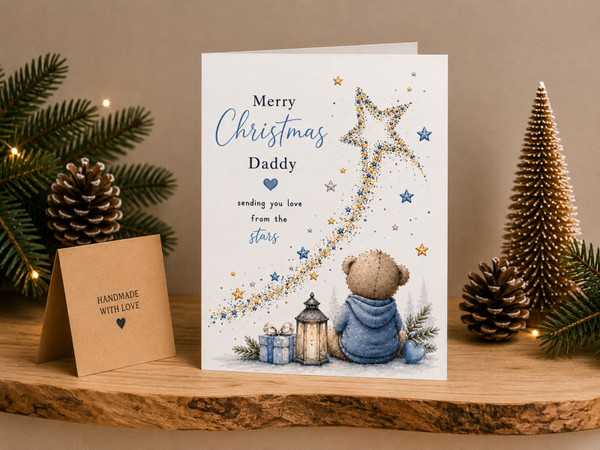 Merry Christmas Daddy Card – Boy and Teddy Reaching for a Star