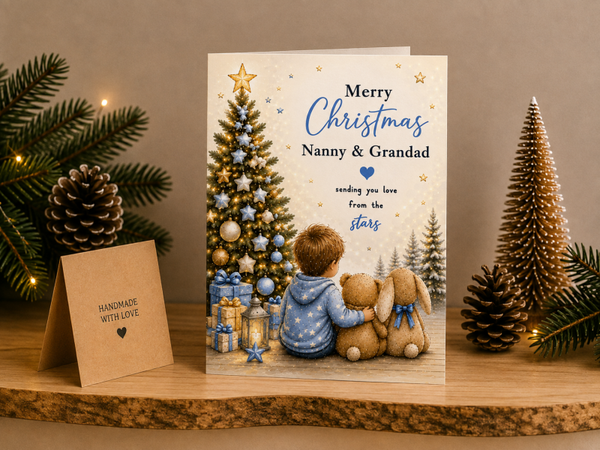 Merry Christmas Nanny & Grandad Card – Boy and Toys by Christmas Tree