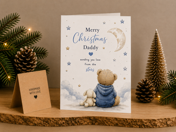 Merry Christmas Daddy Card – Boy and Teddy beneath the Moon