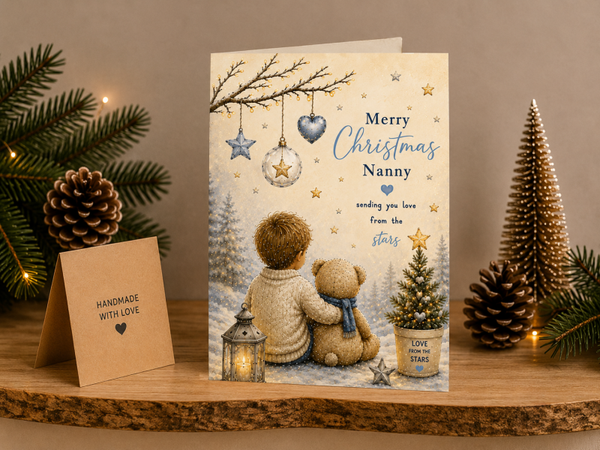 Merry Christmas Nanny Card – Boy and Teddy beneath Decorations