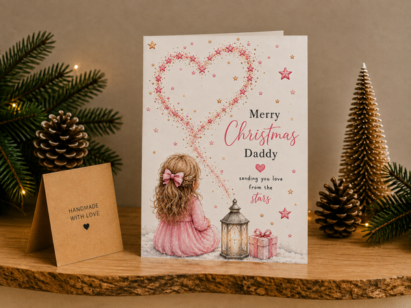 Merry Christmas Daddy Card – Girl beneath a Heart of Stars