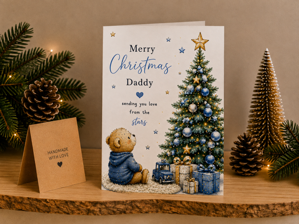 Merry Christmas Daddy Card – Teddy beside a Blue Christmas Tree