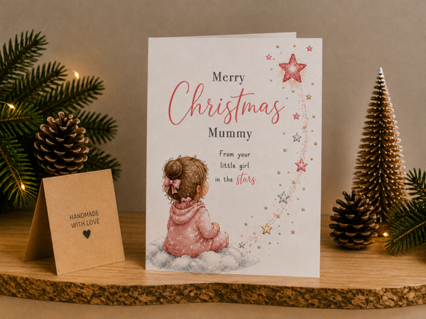 Merry Christmas Mummy Card – Girl beneath Pink Stars