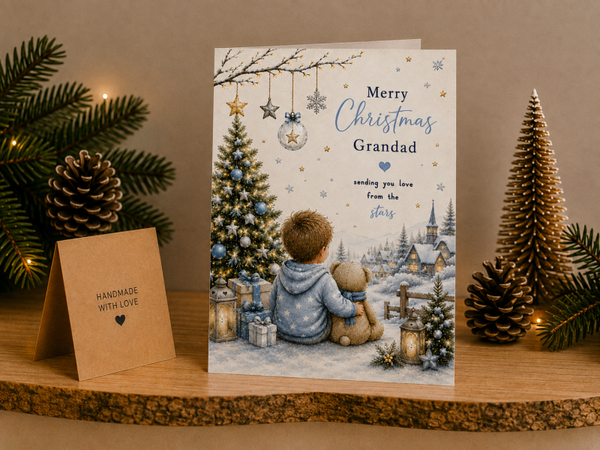 Merry Christmas Grandad Card – Boy and Teddy by Christmas Tree