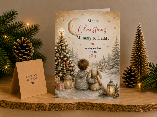 Merry Christmas Mummy & Daddy Card – Boy and Bunny by Moonlit Village