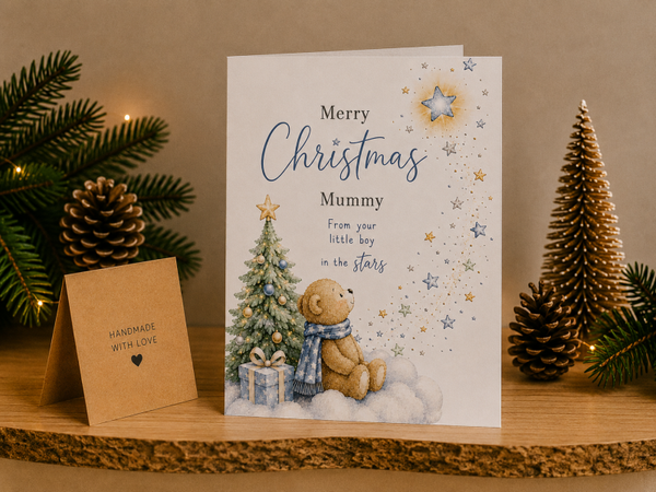 Merry Christmas Mummy Card – Teddy beside Christmas Tree
