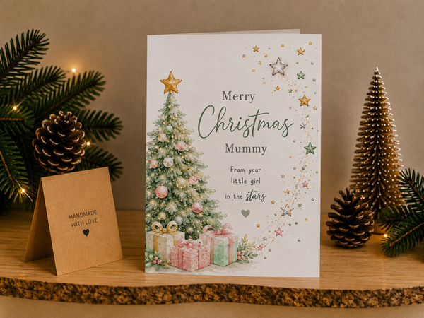 Merry Christmas Mummy Card – Pink Christmas Tree and Presents