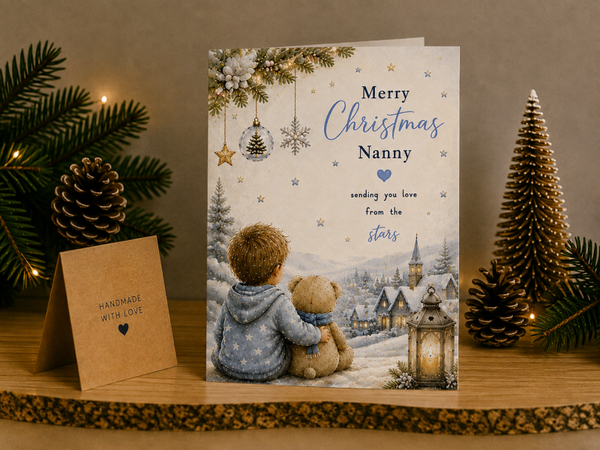 Merry Christmas Nanny Card – Boy and Teddy Overlooking Village