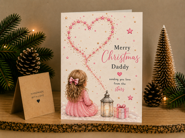 Merry Christmas Daddy Card – Girl beside a Lantern under the Stars
