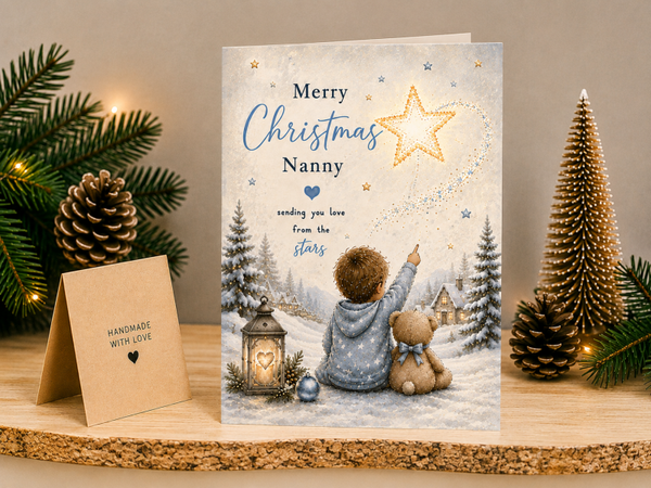 Merry Christmas Nanny Card – Boy and Teddy beneath Star Trail