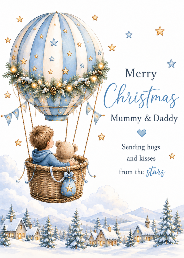 Merry Christmas Mummy & Daddy Card – Blue Hot Air Balloon