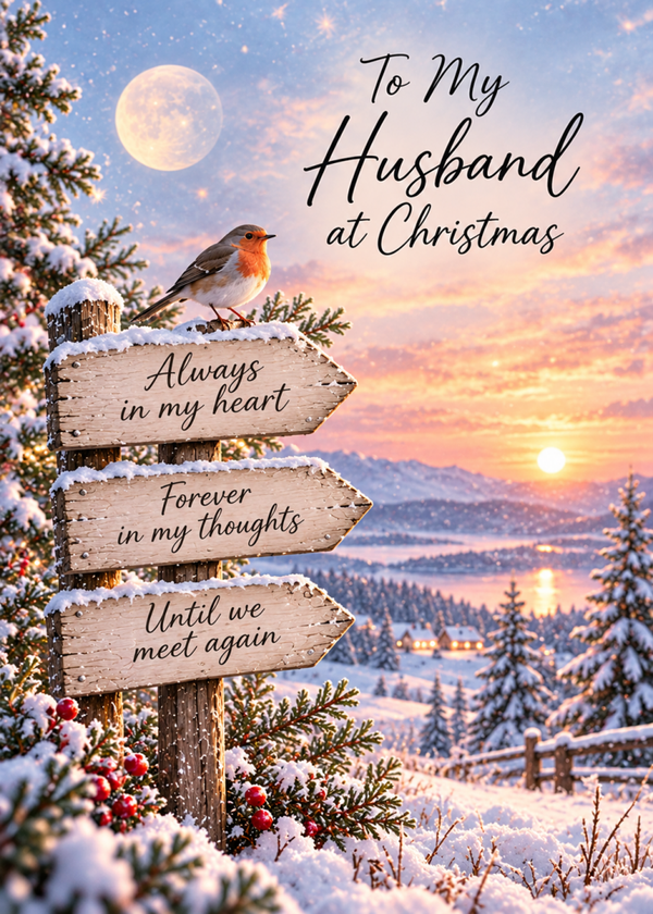 Christmas Card for Husband in Heaven – Robin and Signpost
