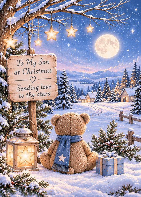 Christmas Card for Son in Heaven – Moonlit Teddy