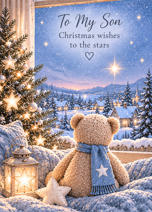 Christmas Card for Son in Heaven – Teddy by the Window