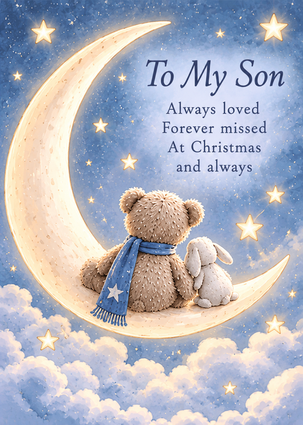 Christmas Card for Son in Heaven – Teddy and Bunny Moon