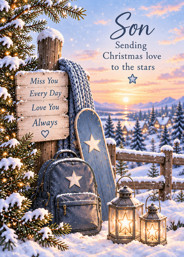 Christmas Card for Son in Heaven – Snowboard and Backpack