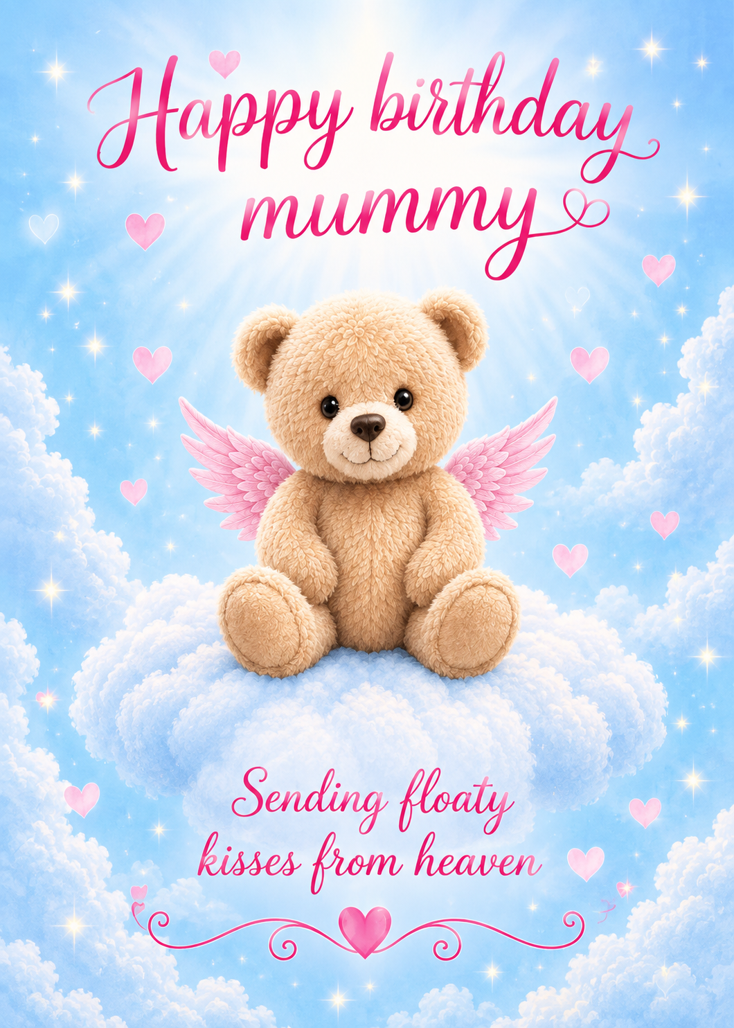 Birthday Card for Mummy – Teddy Sending Floaty Kisses from Heaven