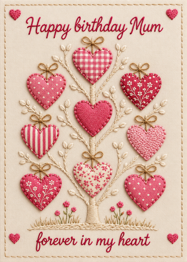 Birthday Card for Mum – Patchwork Heart Tree