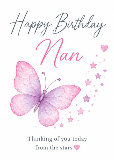Heavenly Birthday Card for Nan – Pink Butterfly