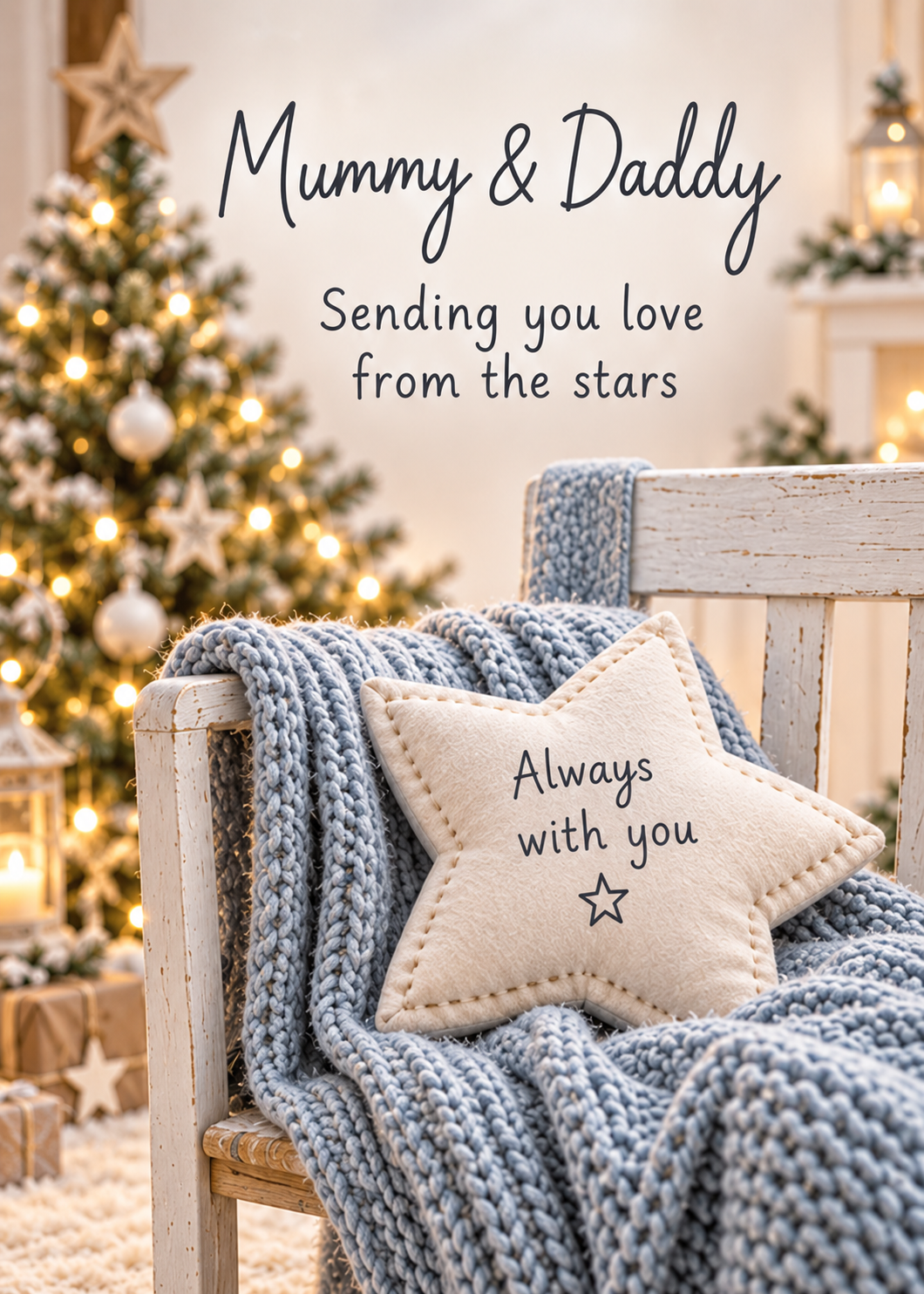 Christmas Card for Mummy & Daddy – Star Cushion by the Tree