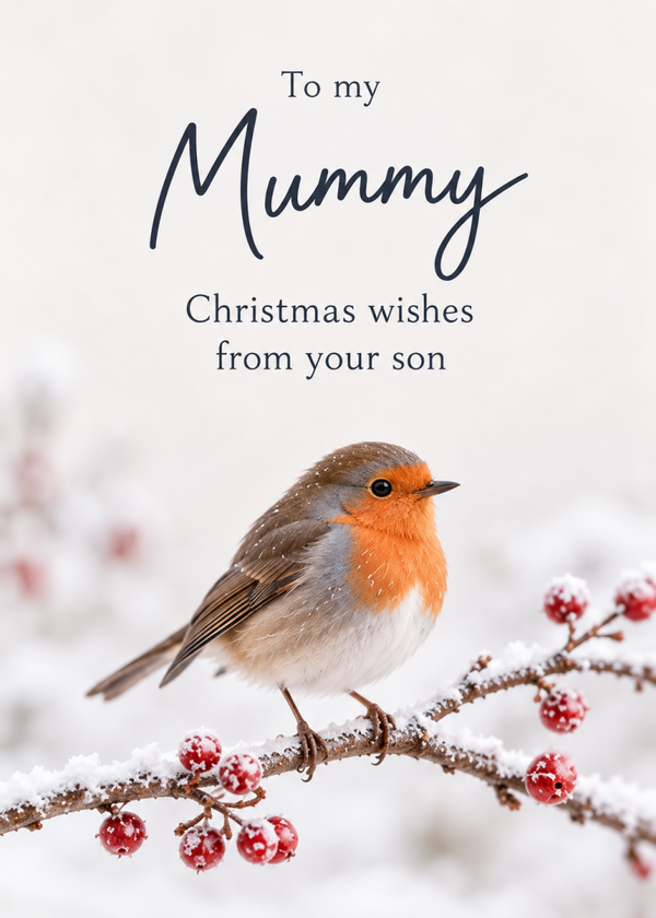 Christmas Card From Son to Mum in Heaven – Robin on Winter Berries
