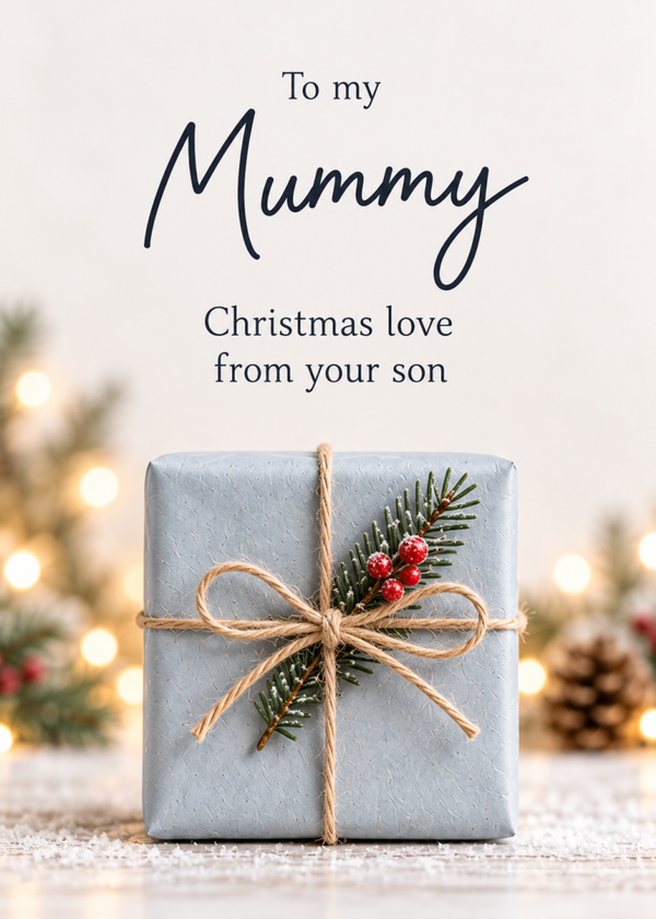 Christmas Card From Son to Mum in Heaven – Wrapped Gift and Pine Sprig
