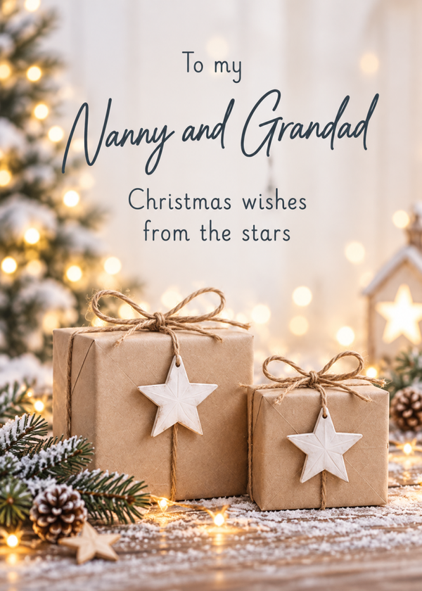 Christmas Card for Nanny & Grandad – Gifts by the Tree