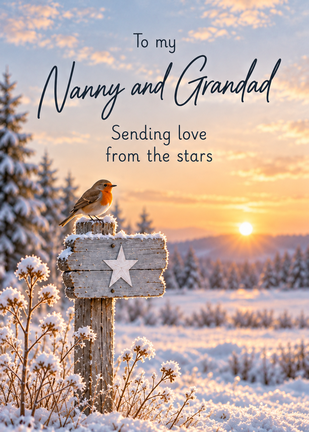 Christmas Card for Nanny & Grandad – Robin on a Snowy Sign