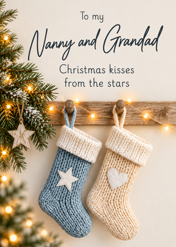 Christmas Card for Nanny & Grandad – Knitted Stockings by the Tree