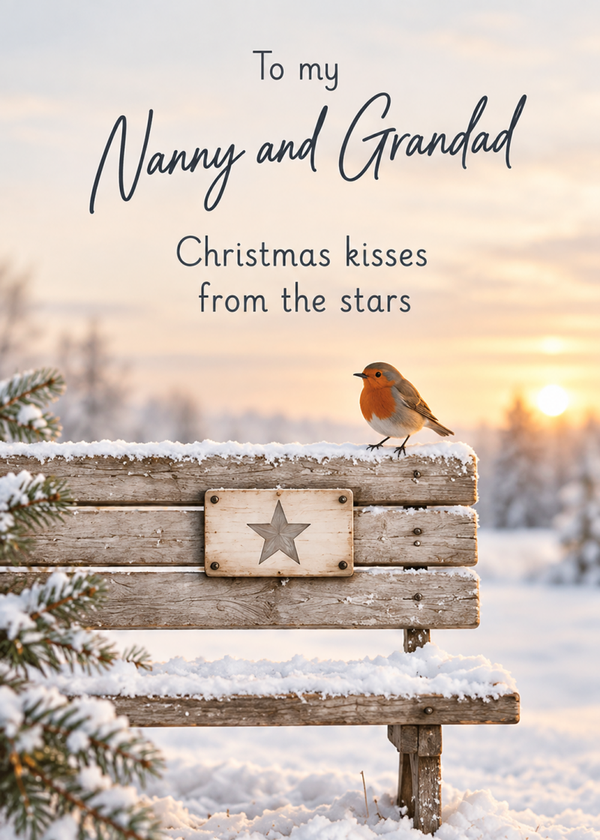 Christmas Card for Nanny & Grandad – Robin on a Snowy Bench