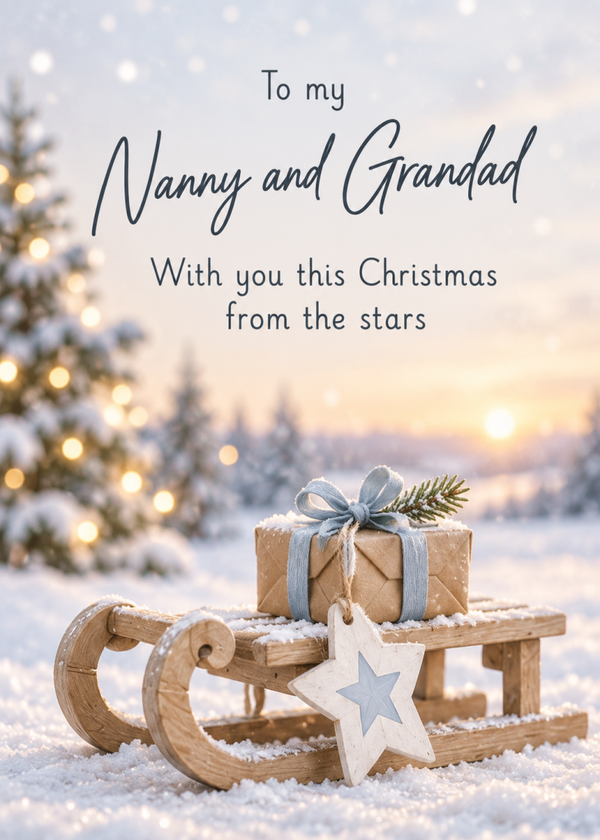 Christmas Card for Nanny & Grandad – Gift on a Snowy Sledge