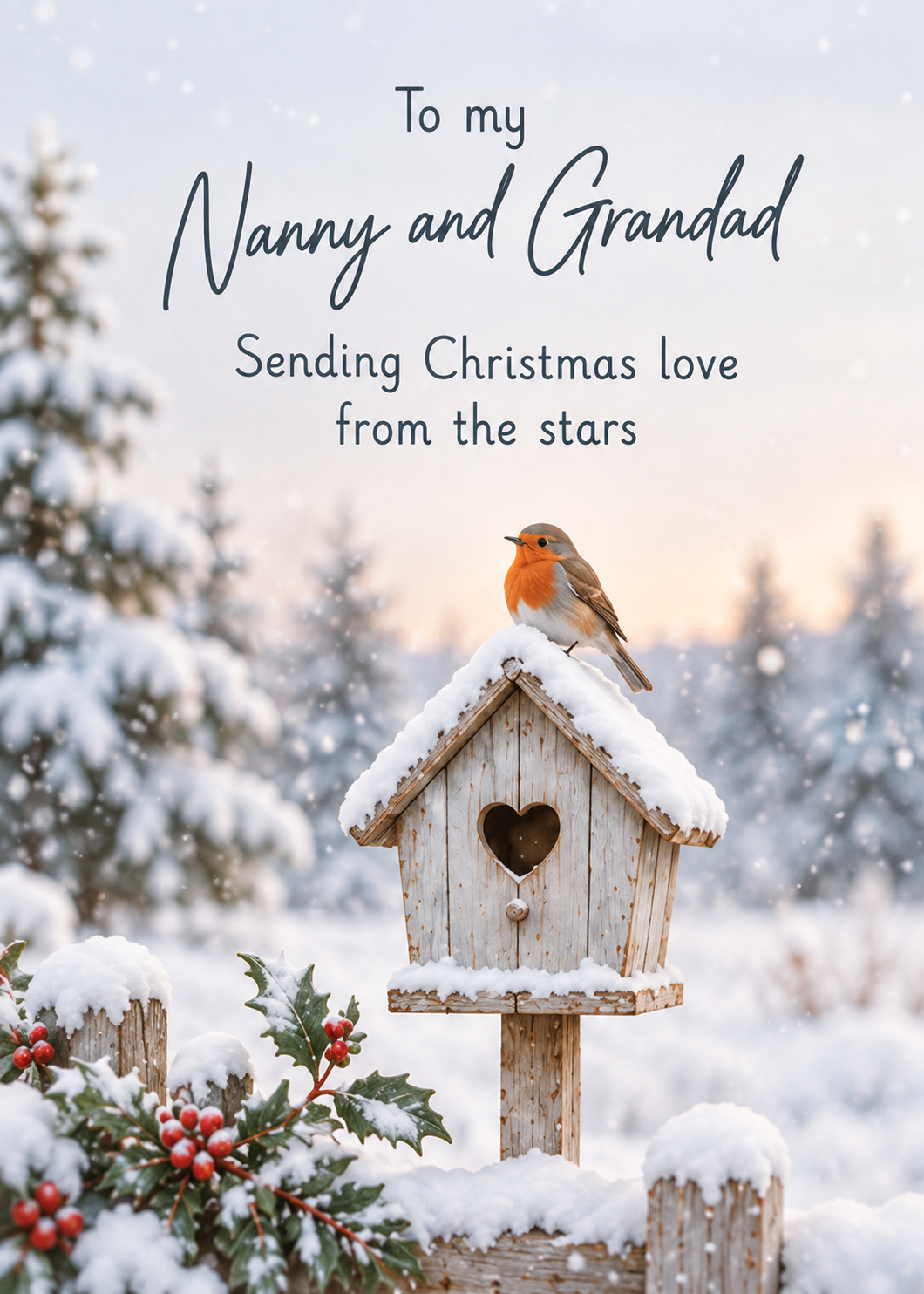 Christmas Card for Nanny & Grandad – Robin on a Snowy Birdhouse